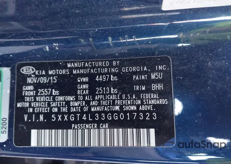 2016 Kia Optima Lx from USA, damaged, VIN 5XXGT4L33GG017323